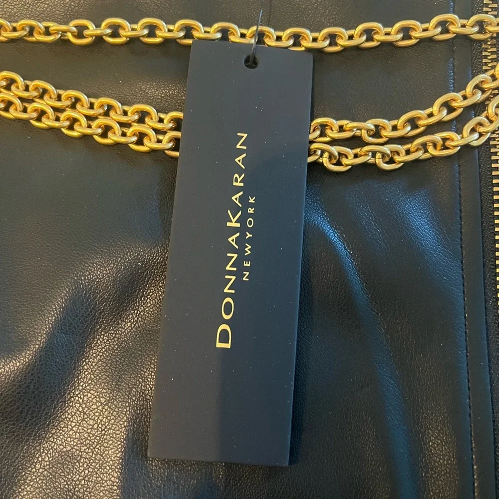 Donna Karan Black Leather Skirt with Gold Chain Detail - Picture 3 of 5